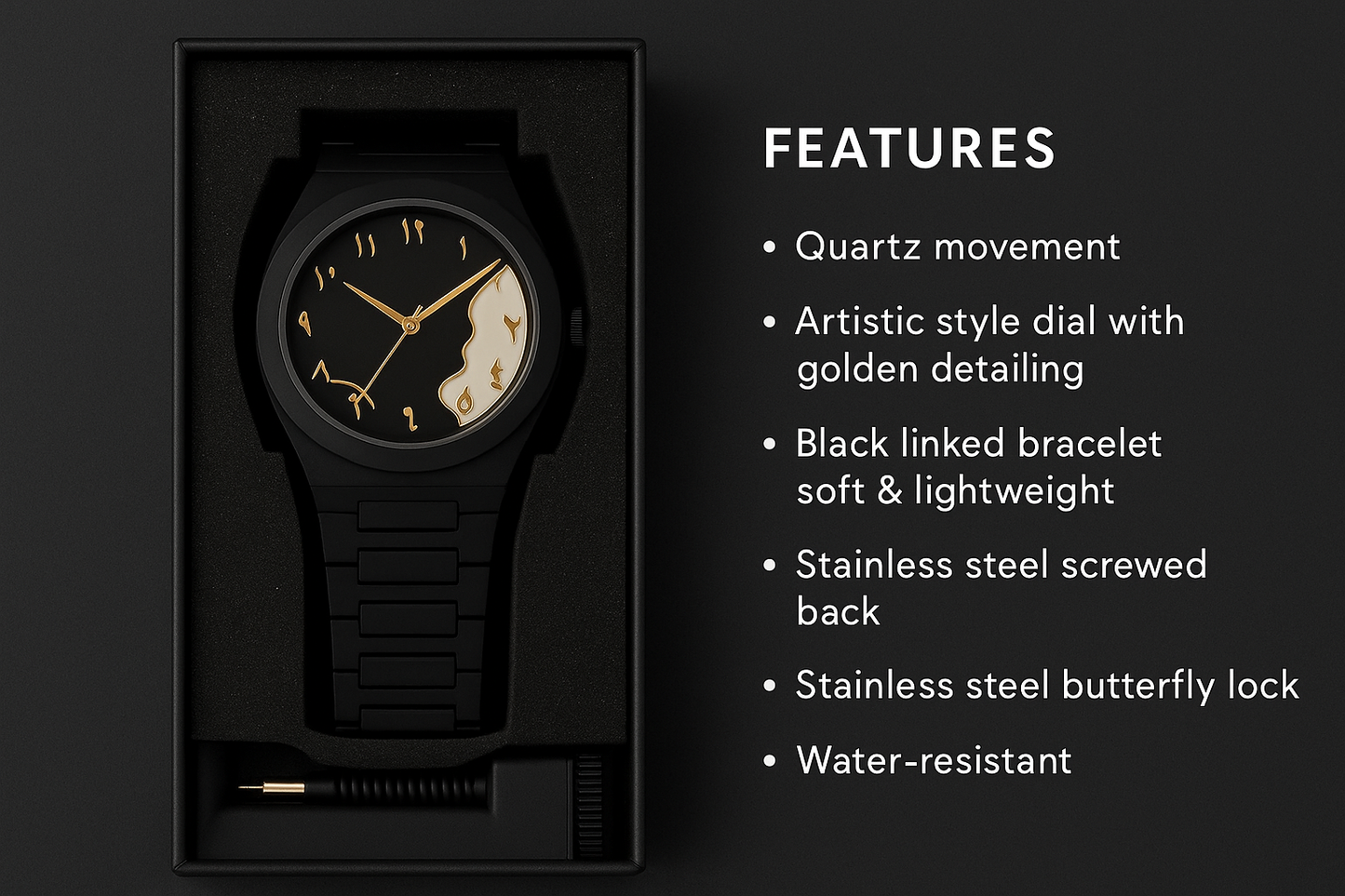“AURA Black Quartz Watch – Arabic Numerals, Stainless Steel Strap, Water Resistant”