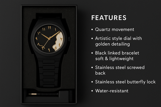 “AURA Black Quartz Watch – Arabic Numerals, Stainless Steel Strap, Water Resistant”