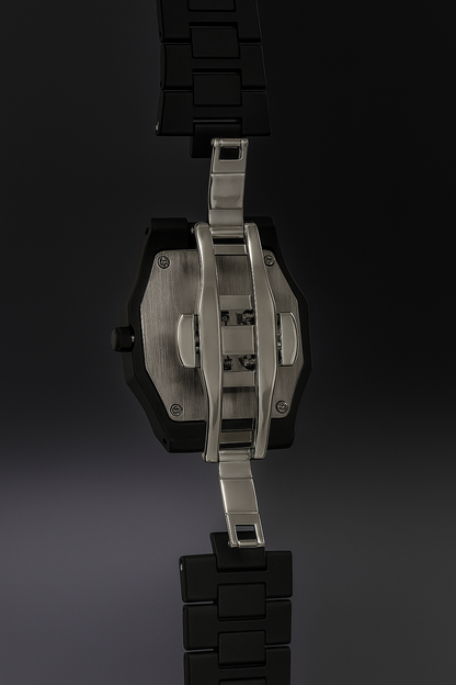 “AURA Black Quartz Watch – Arabic Numerals, Stainless Steel Strap, Water Resistant”