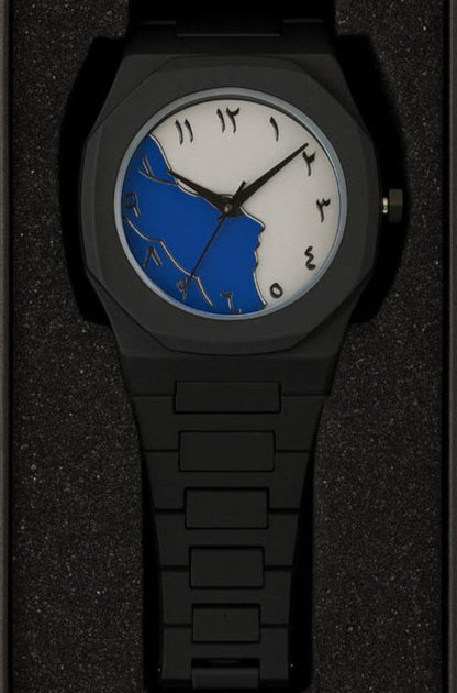 “AURA Black Quartz Watch – Arabic Numerals, Stainless Steel Strap, Water Resistant”