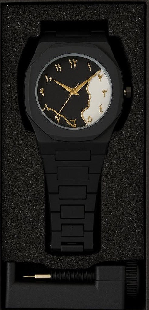 “AURA Black Quartz Watch – Arabic Numerals, Stainless Steel Strap, Water Resistant”